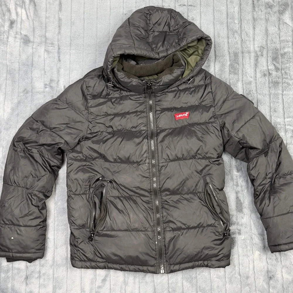 Levis Mens Black Hooded Puffer Jacket Quilted Full Zip Coat Small RN 54163